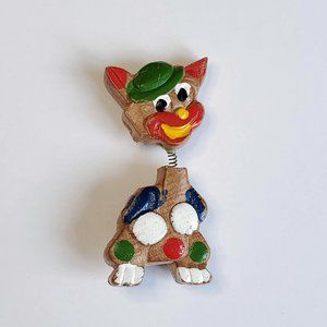 Vintage Wood Bobblehead Clown Cat Brooch